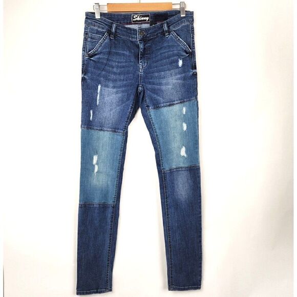 Denim 1982 Medium Wash Stretch Distressed Patchwork High Rise Skinny Jeans sz 11 - Picture 1 of 6